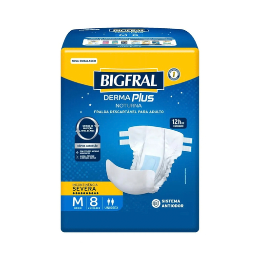 Fralda Bigfral Derma Plus Noturna M com 8 Unidades