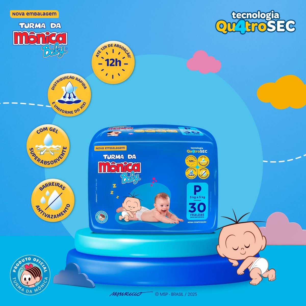 Fralda Turma Da Mônica Baby P Pacote 30 Unidades Descartável
