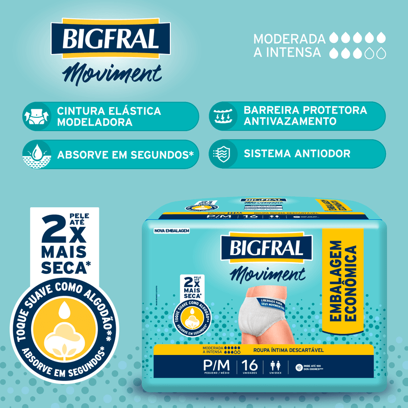 Bigfral Roupa Íntima Moviment P/M com 16 Unidades