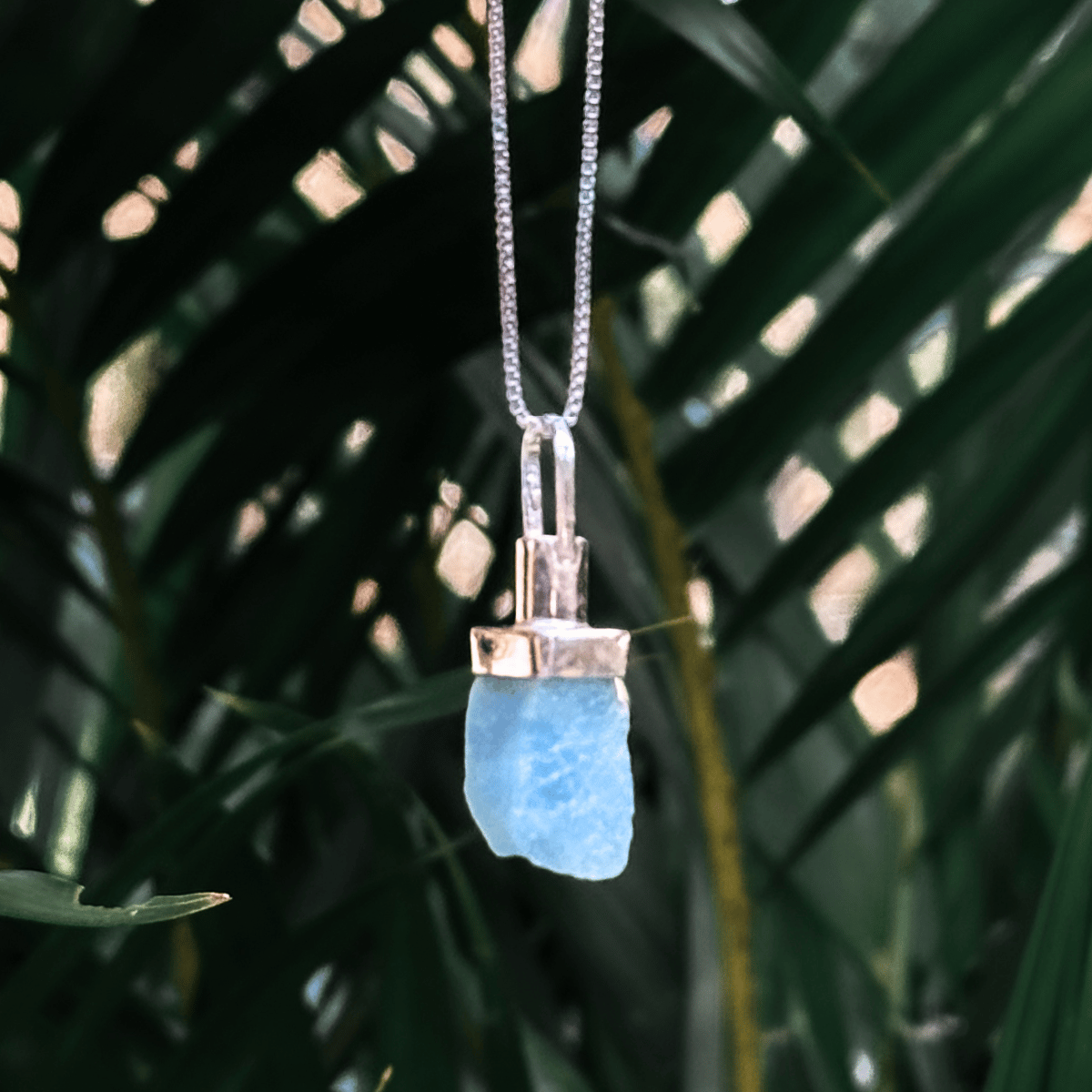 Colar Difusor Água-Marinha Bruta P Pedra Natural + Corrente Prata 925 45cm